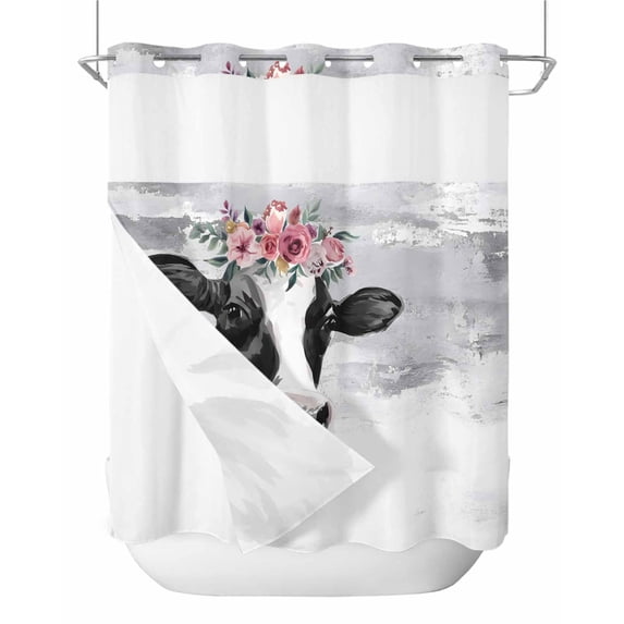 No Hook Shower Curtain with Snap-in Liner, Farmhouse Cow Waterproof Fabric Bathroom Curtains, Watercolor Animal Botanical Flowers Bath Curtains & Mesh Top Window Standard 72''x72''