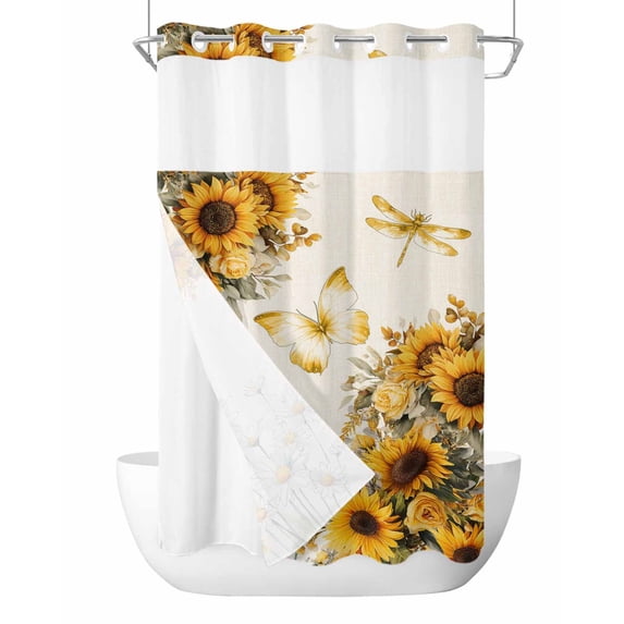 No Hook Shower Curtain with Snap-in Liner, Farmhouse Sunflower Waterproof Fabric Bathroom Curtains, Vintage Daisy Butterflies Rustic Burlap Bath Curtains & Mesh Top Window 54"x78"