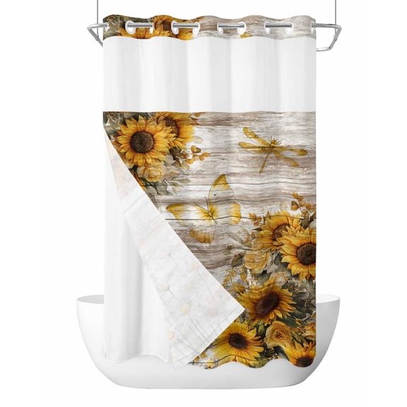 No Hook Shower Curtain with Snap-in Liner, Farmhouse Sunflower Waterproof Fabric Bathroom Curtains, Vintage Daisy Butterflies Rustic Wood Bath Curtains & Mesh Top Window Stand Up Stall 36"x72"