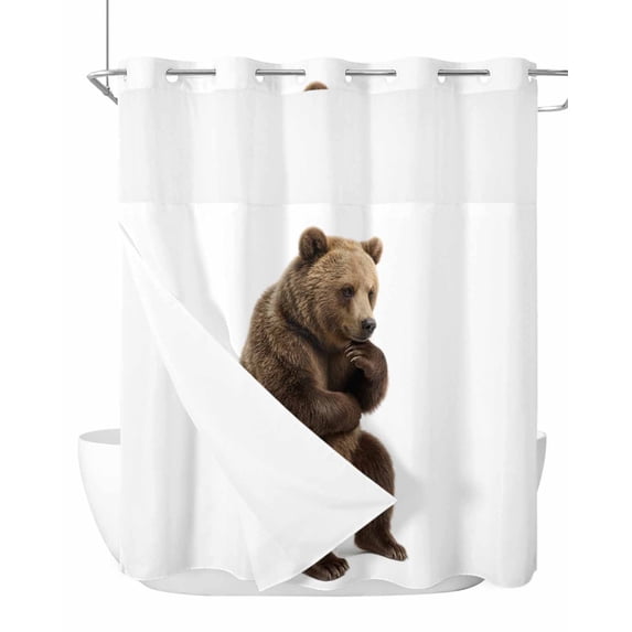 No Hook Shower Curtain with Snap-in Liner, Funny Bears Waterproof Fabric Bathroom Curtains, Cute Art Fun Lovely Animals on Toilets Bath Curtains & Mesh Top Window 66"x72"