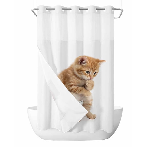 No Hook Shower Curtain with Snap-in Liner, Funny Cats Waterproof Fabric Bathroom Curtains, Cute Art Fun Lovely Animals on Toilets Bath Curtains & Mesh Top Window Narrow 36"x78"