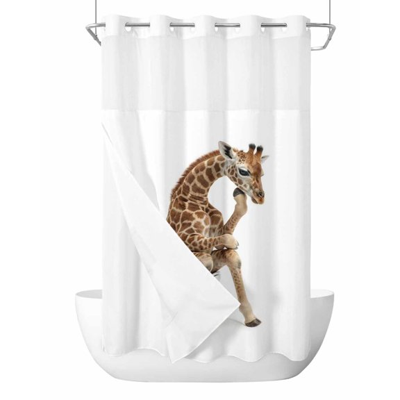 No Hook Shower Curtain with Snap-in Liner, Funny Giraffes Waterproof Fabric Bathroom Curtains, Cute Art Fun Lovely Animals on Toilets Bath Curtains & Mesh Top Window Stand Up Stall 36"x72"