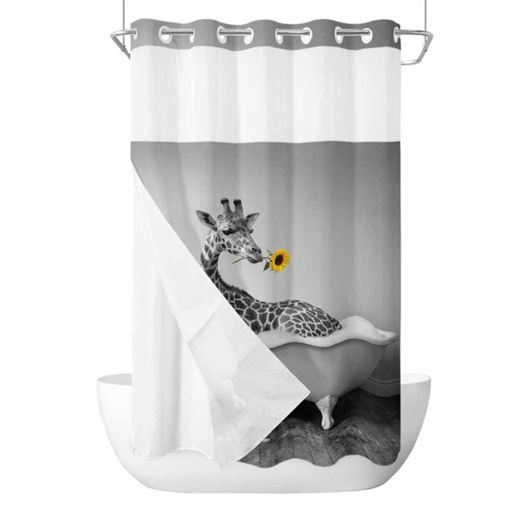 No Hook Shower Curtain with Snap-in Liner, Funny Giraffes Waterproof Fabric Bathroom Curtains, Cute Art Vintage Lovely Animals on Bathtub Bath Curtains & Mesh Top Window Stand Up Stall 36"x72"