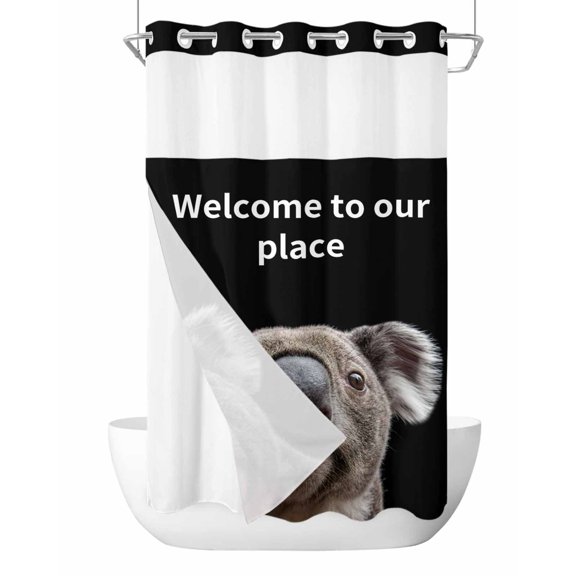 No Hook Shower Curtain with Snap-in Liner, Funny Koala Waterproof Fabric Bathroom Curtains, Welcome To OUR Place Modern Retro Bath Curtains & Mesh Top Window Narrow 36"x78"