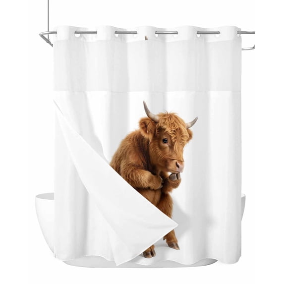 No Hook Shower Curtain with Snap-in Liner, Funny Yaks Waterproof Fabric Bathroom Curtains, Cute Art Fun Lovely Animals on Toilets Bath Curtains & Mesh Top Window 66"x72"