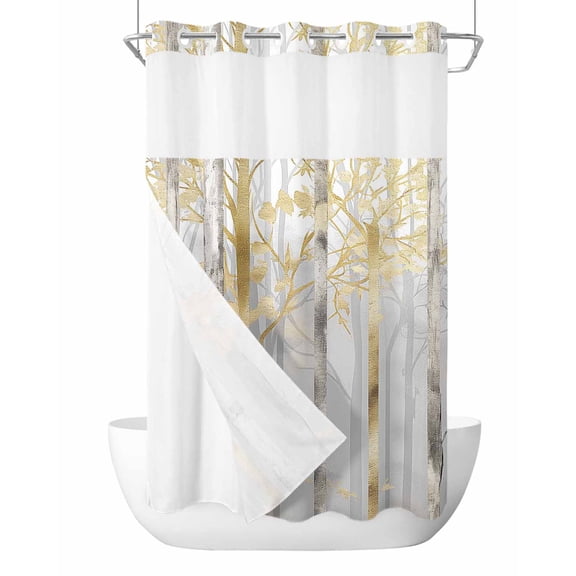 No Hook Shower Curtain with Snap-in Liner, Golden Grey Tree Waterproof Fabric Bathroom Curtains, Oil Painting Forest Abstract Art Bath Curtains & Mesh Top Window Stand Up Stall Narrow 36"x78"