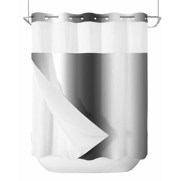 No Hook Shower Curtain with Snap-in Liner, Gray White Waterproof Fabric Bathroom Curtains, Modern Gradient Geometric Bath Curtains & Mesh Top Window Standard 72''x72''