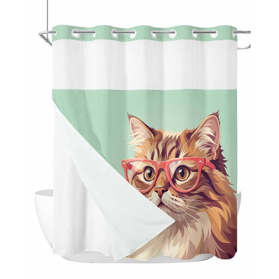 No Hook Shower Curtain with Snap-in Liner, Green Cat Waterproof Fabric Bathroom Curtains, Funny Animals Modern Art Bath Curtains & Mesh Top Window 72"x78" Long