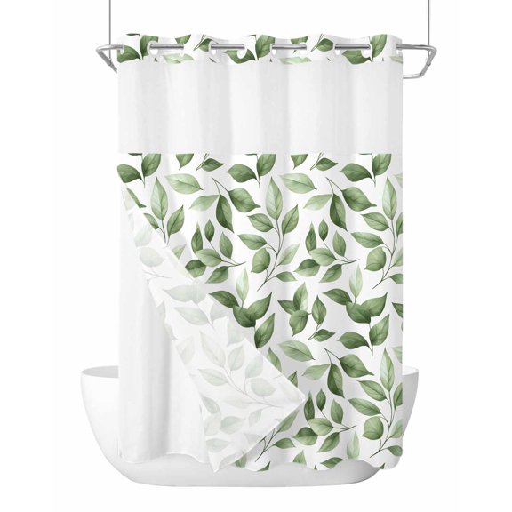 No Hook Shower Curtain with Snap-in Liner, Green Leaf Waterproof Fabric Bathroom Curtains, Country Plant Botanical Spring Summer Bath Curtains & Mesh Top Window 60"x72"
