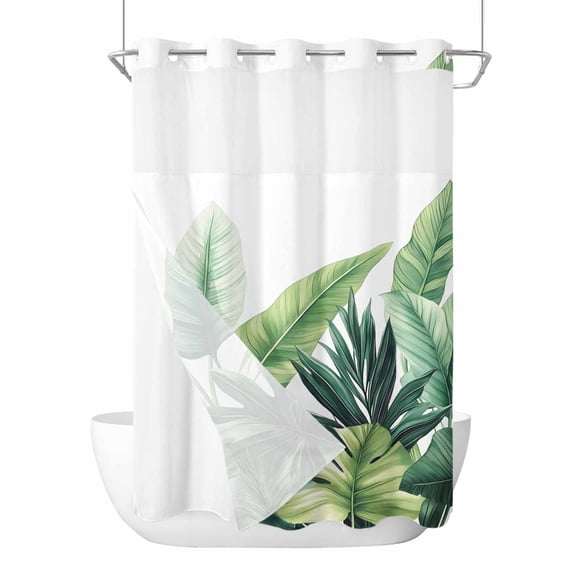 No Hook Shower Curtain with Snap-in Liner, Green Leaves Waterproof Fabric Bathroom Curtains, Rustic Summer Botanical Tropical Plants Bath Curtains & Mesh Top Window 60"x72"