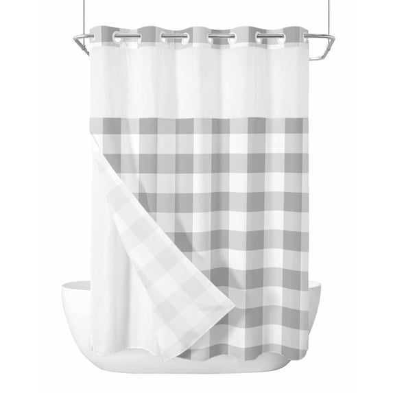 No Hook Shower Curtain with Snap-in Liner, Grey Plaid Waterproof Fabric Bathroom Curtains, Gradient Geometric Buffalo White Checkered Bath Curtains & Mesh Top Window Stand Up Stall 72"x96" Extra Long