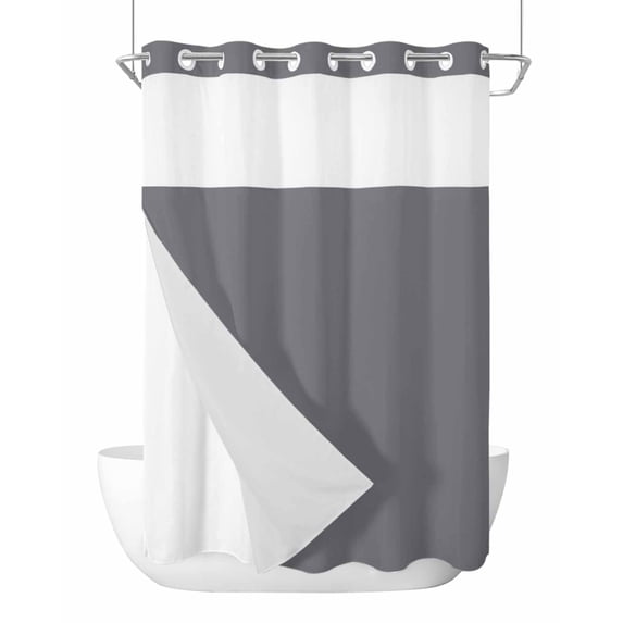 No Hook Shower Curtain with Snap-in Liner, Grey Pure Color Waterproof Fabric Bathroom Curtains, Aesthetics Contemporary Luxury Bath Curtains & Mesh Top Window Stall 48"x72"