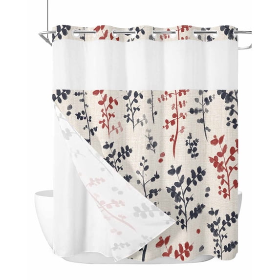 No Hook Shower Curtain with Snap-in Liner, Grey Red Botanical Waterproof Fabric Bathroom Curtains, Rustic Country Spring Floral Summer Leaf Bath Curtains & Mesh Top Window Standard 72''x72''