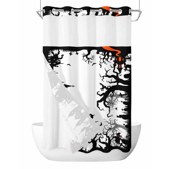 No Hook Shower Curtain with Snap-in Liner, Halloween Waterproof Fabric Bathroom Curtains, Scary Cartoon Black Castle Forest Trees Bath Curtains & Mesh Top Window Stand Up Stall 36"x72"