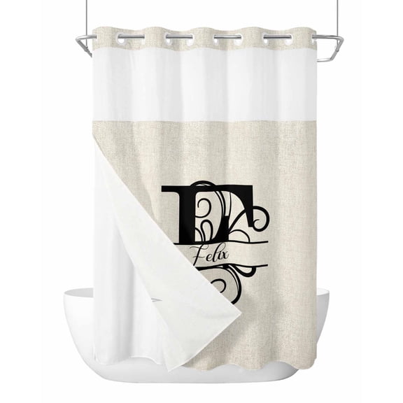 No Hook Shower Curtain with Snap-in Liner, Letter F Waterproof Fabric Bathroom Curtains, Monogram Words Bath Curtains & Mesh Top Window Stand Up Stall Stall 48"x72"