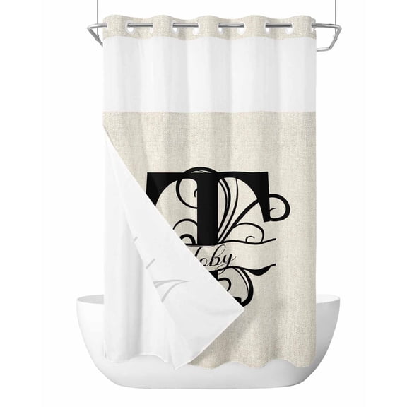 No Hook Shower Curtain with Snap-in Liner, Letter T Waterproof Fabric Bathroom Curtains, Monogram Words Bath Curtains & Mesh Top Window Stand Up Stall Stand Up Stall 36"x72"