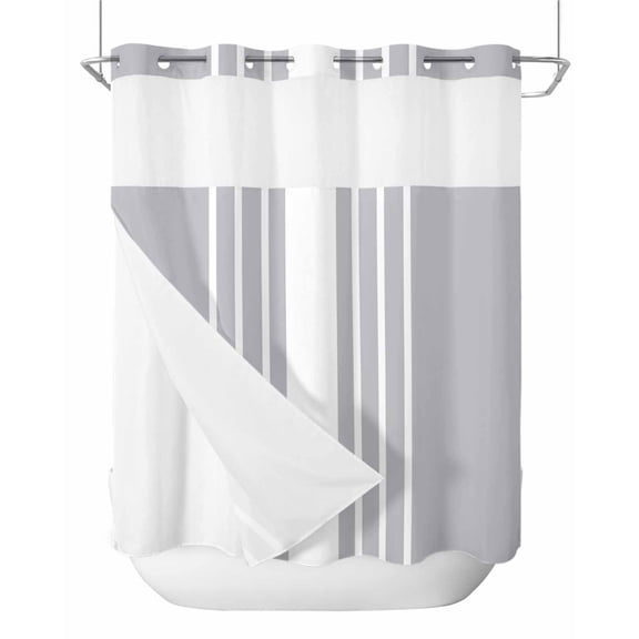 No Hook Shower Curtain with Snap-in Liner, Light Grey Striped Waterproof Fabric Bathroom Curtains, White Simple Neutral Modern Bath Curtains & Mesh Top Window 66"x72"