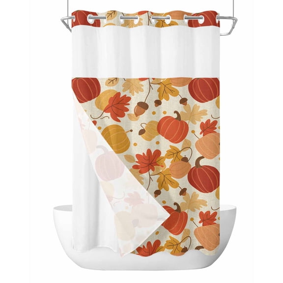No Hook Shower Curtain with Snap-in Liner, Maple Leaf Waterproof Fabric Bathroom Curtains, Autumn Pumpkin Thanksgiving Country Farm Bath Curtains & Mesh Top Window Stand Up Stall 36"x72"