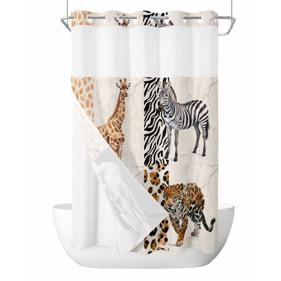No Hook Shower Curtain with Snap-in Liner, Modern Animals Waterproof Fabric Bathroom Curtains, Vintage Giraffe Zebra Elephant Leopard Bath Curtains & Mesh Top Window Stand Up Stall 36"x72"