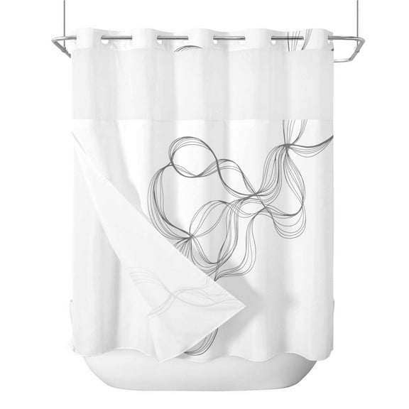 No Hook Shower Curtain with Snap-in Liner, Modern White Waterproof Fabric Bathroom Curtains, Minimalist Abstract Ribbon A Sketch Rt Bath Curtains & Mesh Top Window 66"x72"