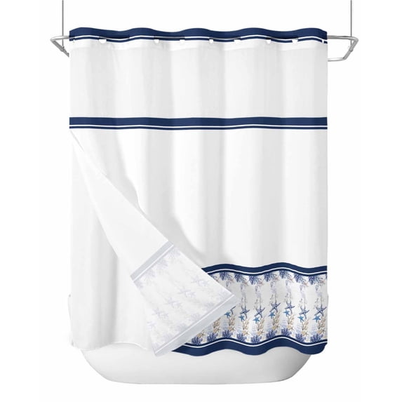 No Hook Shower Curtain with Snap-in Liner, Navy Blue Coastal Waterproof Fabric Bathroom Curtains, Summer Beach Starfish Striped Nautical Bath Curtains & Mesh Top Window Standard 72''x72''