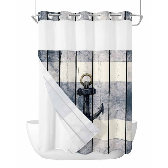 No Hook Shower Curtain with Snap-in Liner, Navy Blue Nautical Waterproof Fabric Bathroom Curtains, Coastal Blue Striped Vintage Bath Curtains & Mesh Top Window Stand Up Stall Stall 48"x72"
