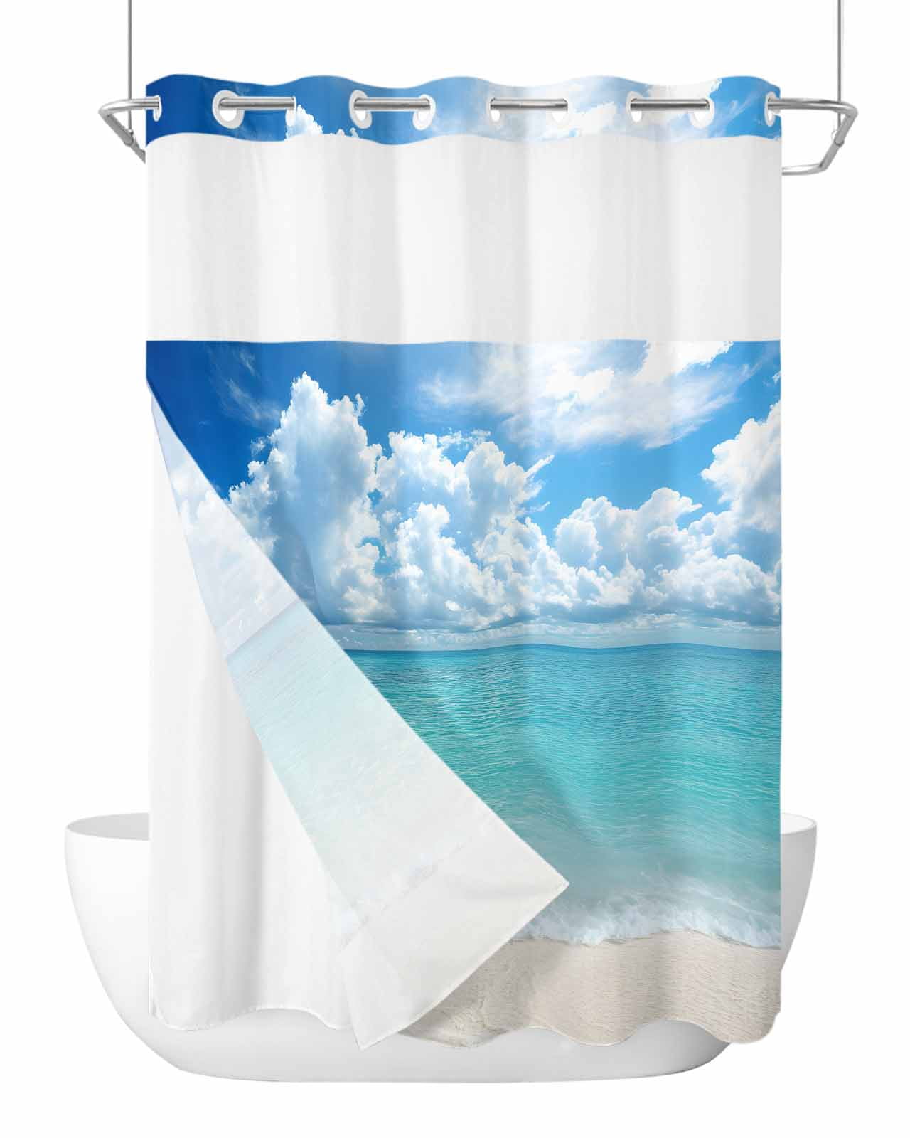 No Hook Shower Curtain with Snap-in Liner, Ocean Blue Waterproof Fabric ...