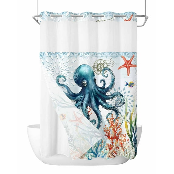 No Hook Shower Curtain with Snap-in Liner, Octopus Coastal Waterproof Fabric Bathroom Curtains, Summer Beach Ocean Coral Starfish Bath Curtains & Mesh Top Window Stall 48"x72"