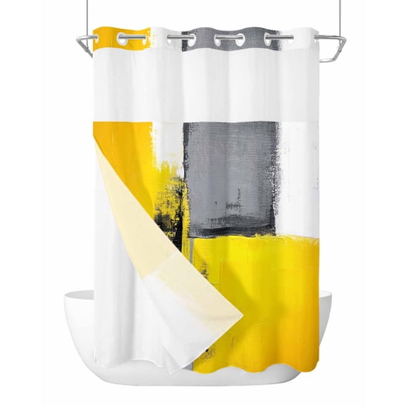 No Hook Shower Curtain with Snap-in Liner, Oil Painting Yellow Grey Waterproof Fabric Bathroom Curtains, Abstract Modern Street Grunge Art Bath Curtains & Mesh Top Window Stand Up Stall Stall 48"x72"