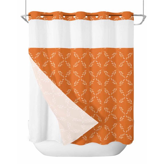 No Hook Shower Curtain with Snap-in Liner, Orange Morocco Waterproof Fabric Bathroom Curtains, Geometric Leaf Diamond Lattice Abstract Bath Curtains & Mesh Top Window 66"x72"