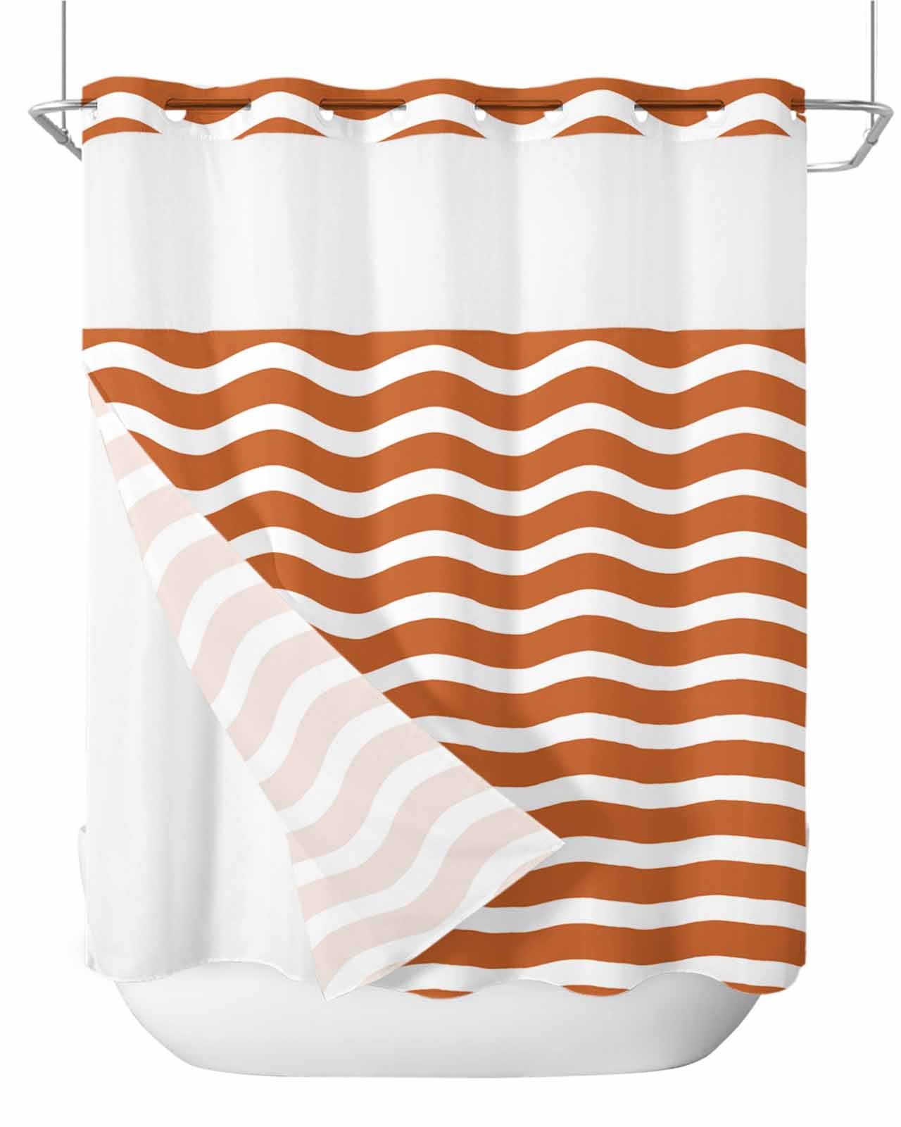No Hook Waffle Weave Shower Curtain Set With Snap-in Liner - Mesh Window, Waterproof, Hotel Style In Burnt Orange 1 thumbnail image