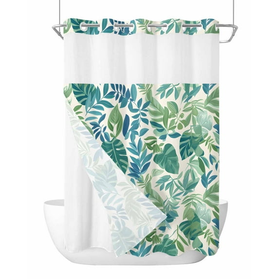 No Hook Shower Curtain with Snap-in Liner, Palm Leaves Waterproof Fabric Bathroom Curtains, Green Blue Tropical Plants Summer Country Bath Curtains & Mesh Top Window 72"x96" Extra Long