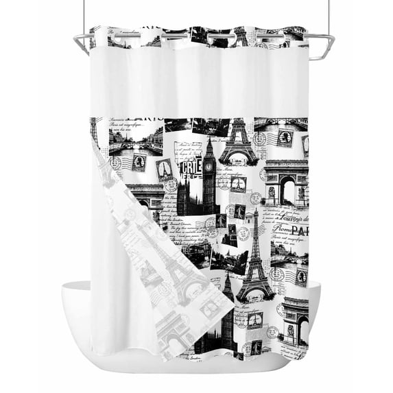 No Hook Shower Curtain with Snap-in Liner, Paris Tower Waterproof Fabric Bathroom Curtains, Vintage Architectural Hand-Painted Aesthetic Bath Curtains & Mesh Top Window 60"x72"