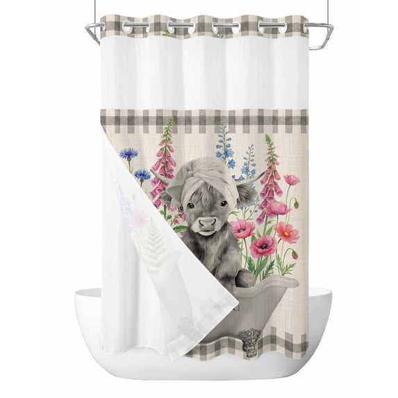 No Hook Shower Curtain with Snap-in Liner, Pink Flowers Yak Waterproof Fabric Bathroom Curtains, Vintage Spring Floral Bathtub Retro Art Rustic Bath Curtains & Mesh Top Window Stand Up Stall 36"x72"