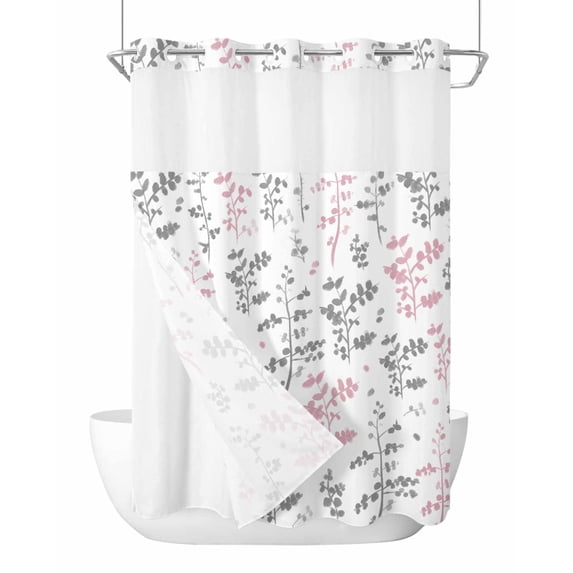 No Hook Shower Curtain with Snap-in Liner, Pink Grey Botanical Waterproof Fabric Bathroom Curtains, Watercolor Spring Floral Summer Leaf Bath Curtains & Mesh Top Window Stall 48"x72"
