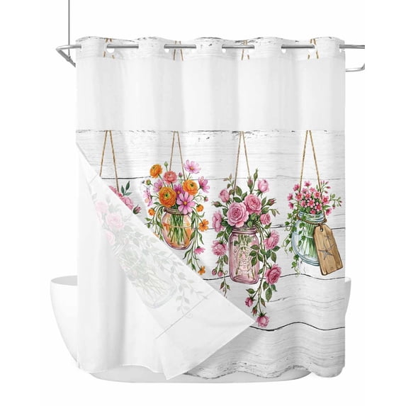 No Hook Shower Curtain with Snap-in Liner, Pink Spring Floral Waterproof Fabric Bathroom Curtains, Wooden Elegant Farmhouse Botanical Bath Curtains & Mesh Top Window 66"x72"