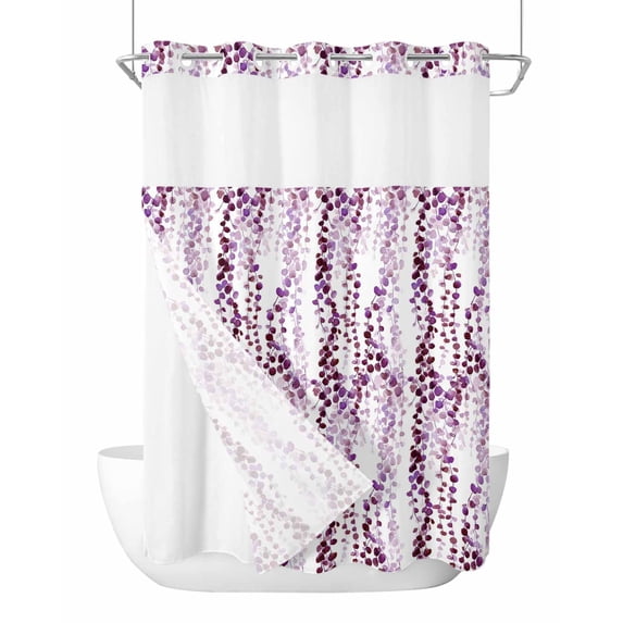 No Hook Shower Curtain with Snap-in Liner, Purple Weeping Eucalyptus Waterproof Fabric Bathroom Curtains, Spring Summer Farmhouse Leaves Bath Curtains & Mesh Top Window 72"x84" Long