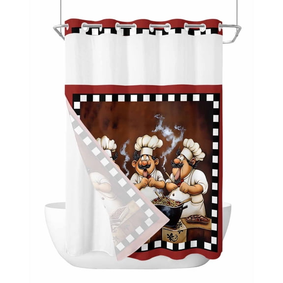 No Hook Shower Curtain with Snap-in Liner, Red Chef Waterproof Fabric Bathroom Curtains, Kitchen Gourmet Black Plaid Vintage Bath Curtains & Mesh Top Window Stand Up Stall Stall 48"x72"