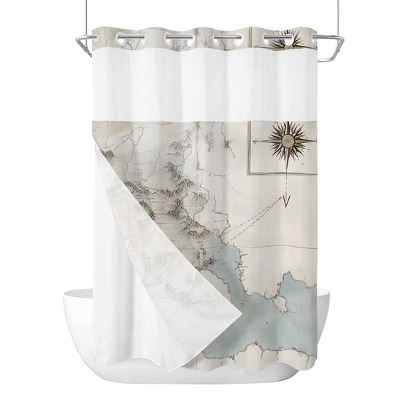 No Hook Shower Curtain with Snap-in Liner, Retro Map Waterproof Fabric Bathroom Curtains, Middle Century Rustic Mountain Ocean Landscape Bath Curtains & Mesh Top Window 72"x96" Extra Long