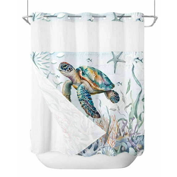 No Hook Shower Curtain with Snap-in Liner, Sea Turtle Coastal Waterproof Fabric Bathroom Curtains, Summer Beach Coral Ocean Seaweed Bath Curtains & Mesh Top Window 66"x72"