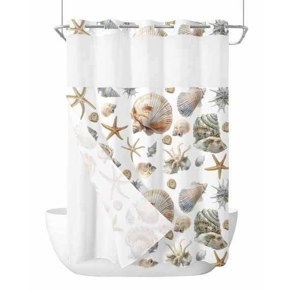 No Hook Shower Curtain with Snap-in Liner, Seashell Coastal Waterproof Fabric Bathroom Curtains, Summer Beach Ocean Starfish Watercolor Bath Curtains & Mesh Top Window 72"x96" Extra Long