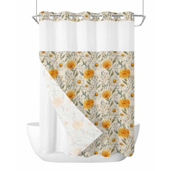 No Hook Shower Curtain with Snap-in Liner, Spring Daisy Waterproof Fabric Bathroom Curtains, Country Vintage Yellow White Floral Leaf Bath Curtains & Mesh Top Window Stall 48"x72"