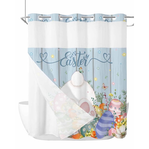 No Hook Shower Curtain with Snap-in Liner, Spring Easter Waterproof Fabric Bathroom Curtains, Rabbit Ears Foot Colorful Eggs Wooden Plank Bath Curtains & Mesh Top Window Standard 72"x72"
