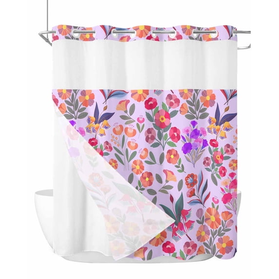 No Hook Shower Curtain with Snap-in Liner, Spring Floral Waterproof Fabric Bathroom Curtains, Retro Watercolor Flowers Leaves Plants Purple Bath Curtains & Mesh Top Window 66"x72"