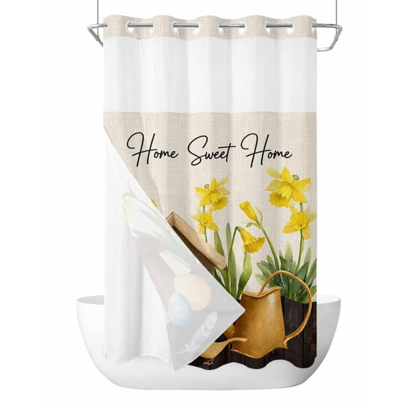 No Hook Shower Curtain with Snap-in Liner, Spring Waterproof Fabric Bathroom Curtains, Farmhouse Birds Cages Eggs Botanical Flowers Bath Curtains & Mesh Top Window Stand Up Stall 36"x72"