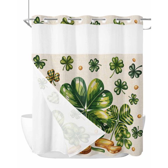 No Hook Shower Curtain with Snap-in Liner, St Patrick's Day Waterproof Fabric Bathroom Curtains, Green Shamrock Leaf Gold Coin Retro Beige Bath Curtains & Mesh Top Window Standard 72"x72"