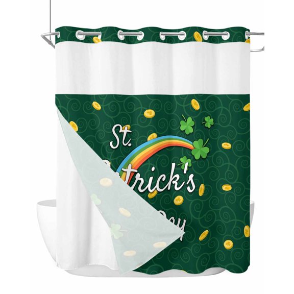 No Hook Shower Curtain with Snap-in Liner, St. Patrick's Day Waterproof Fabric Bathroom Curtains, Green Shamrock Rainbow Gold Coin Simple Bath Curtains & Mesh Top Window 66"x72"