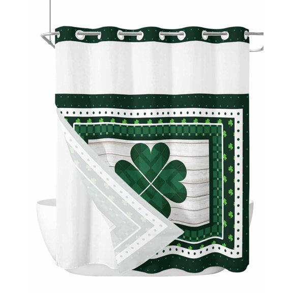 No Hook Shower Curtain with Snap-in Liner, St Patricks Day Waterproof Fabric Bathroom Curtains, Green Shamrock Farmhouse Wooden Grain Bath Curtains & Mesh Top Window Standard 72"x72"