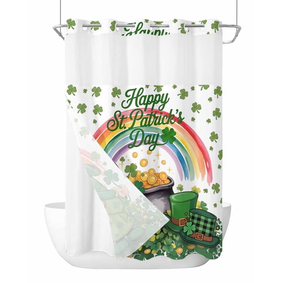 No Hook Shower Curtain with Snap-in Liner, St Patricks Day Waterproof Fabric Bathroom Curtains, Green Shamrock Spring Rainbows Gnomes Bath Curtains & Mesh Top Window 72"x84" Long