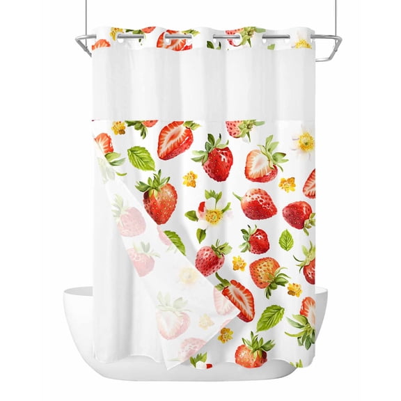 No Hook Shower Curtain with Snap-in Liner, Strawberry Waterproof Fabric Bathroom Curtains, Green Botanical Red Summer Fruits Bath Curtains & Mesh Top Window 60"x72"